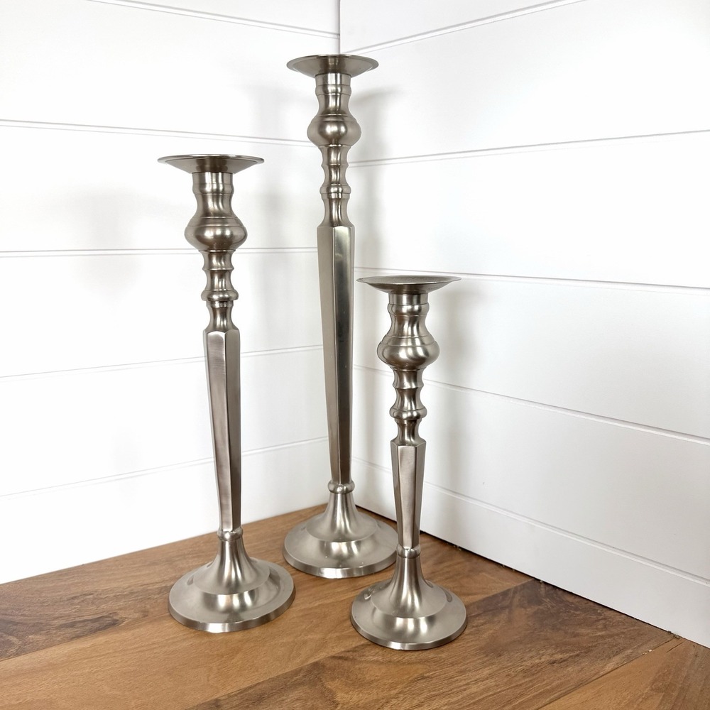 Set Of 3 Turned Hexagonal Candlesticks Lacquered Brass India Silver Tone Tall